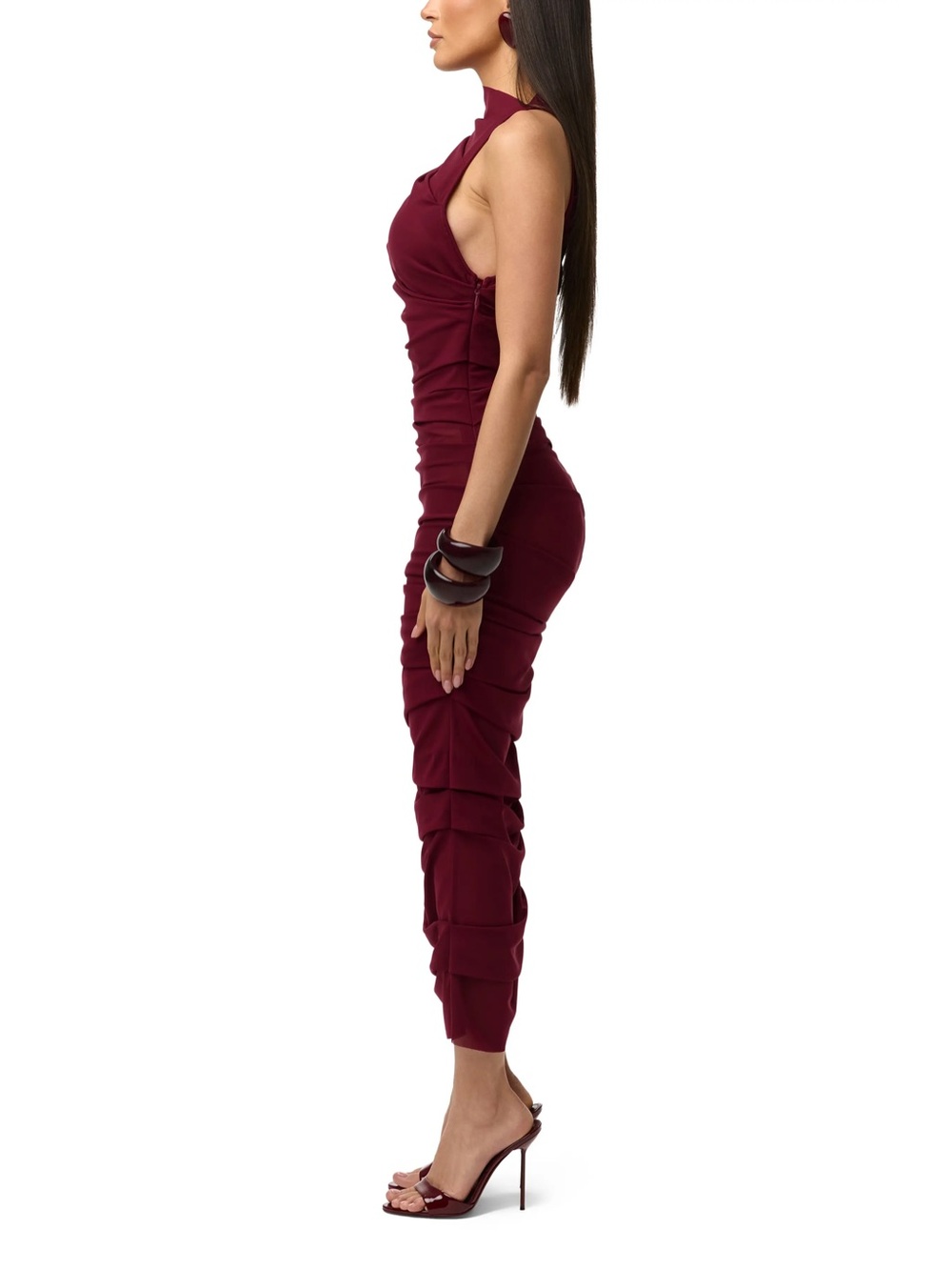 naked wardrobe Cherry Sangria Burgundy Midi Ruched Mesh Dress sz medium